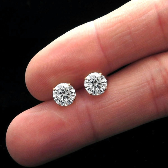1ct Round Created Diamond Solitaire Earrings 14K Yellow Gold Basket Studs 5mm - Picture 3 of 4